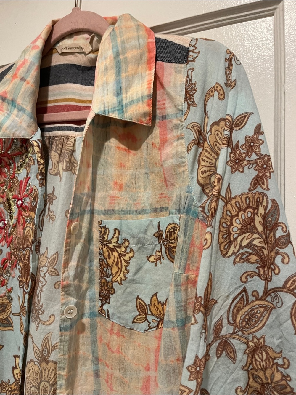 Soft Surroundings Embroidered Pastel Plaid & Stripe Mixed-Print Shirt - Picture 7 of 8